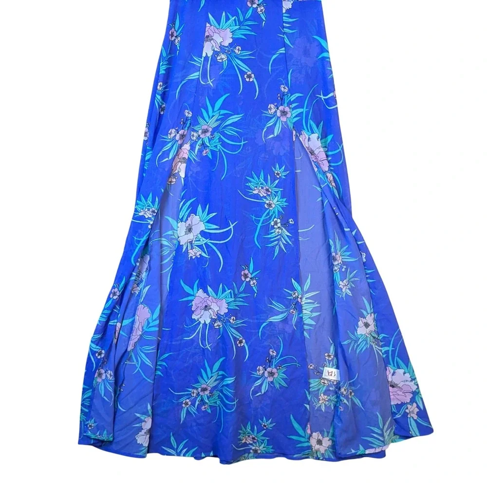 America & Beyond Blue Floral Ruffle V-Neck Maxi Beach Cover-Up Dress Small NWT